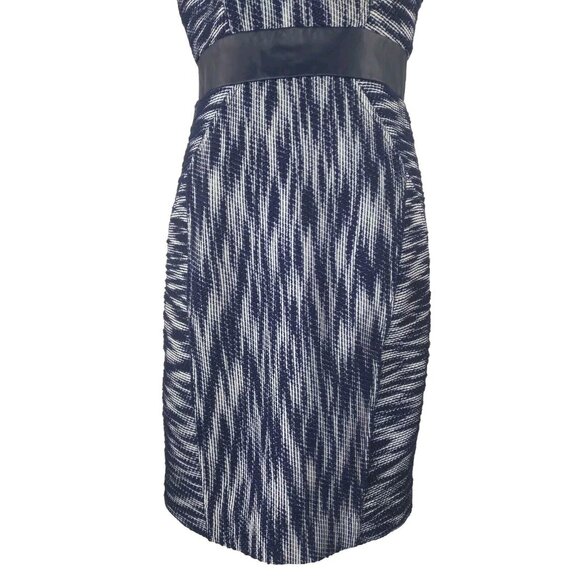 Milly NY USA Women's Dress Blue White Leather Trim Geometric Knit Sheath Size 4 - Picture 14 of 16
